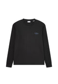 Langärmliges schwarzes Shirt aus geripptem Stoff mit rundem Ausschnitt. Verfügt über ein kleines blaues Logo auf der linken Brust und ein einfaches, klares Design.