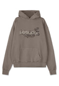 Brauner Hoodie mit einer Fronttasche, der ein florales Design und einen Textgrafik aufweist. Hergestellt aus weichem Stoff mit lockerem Schnitt und gerippten Bündchen.