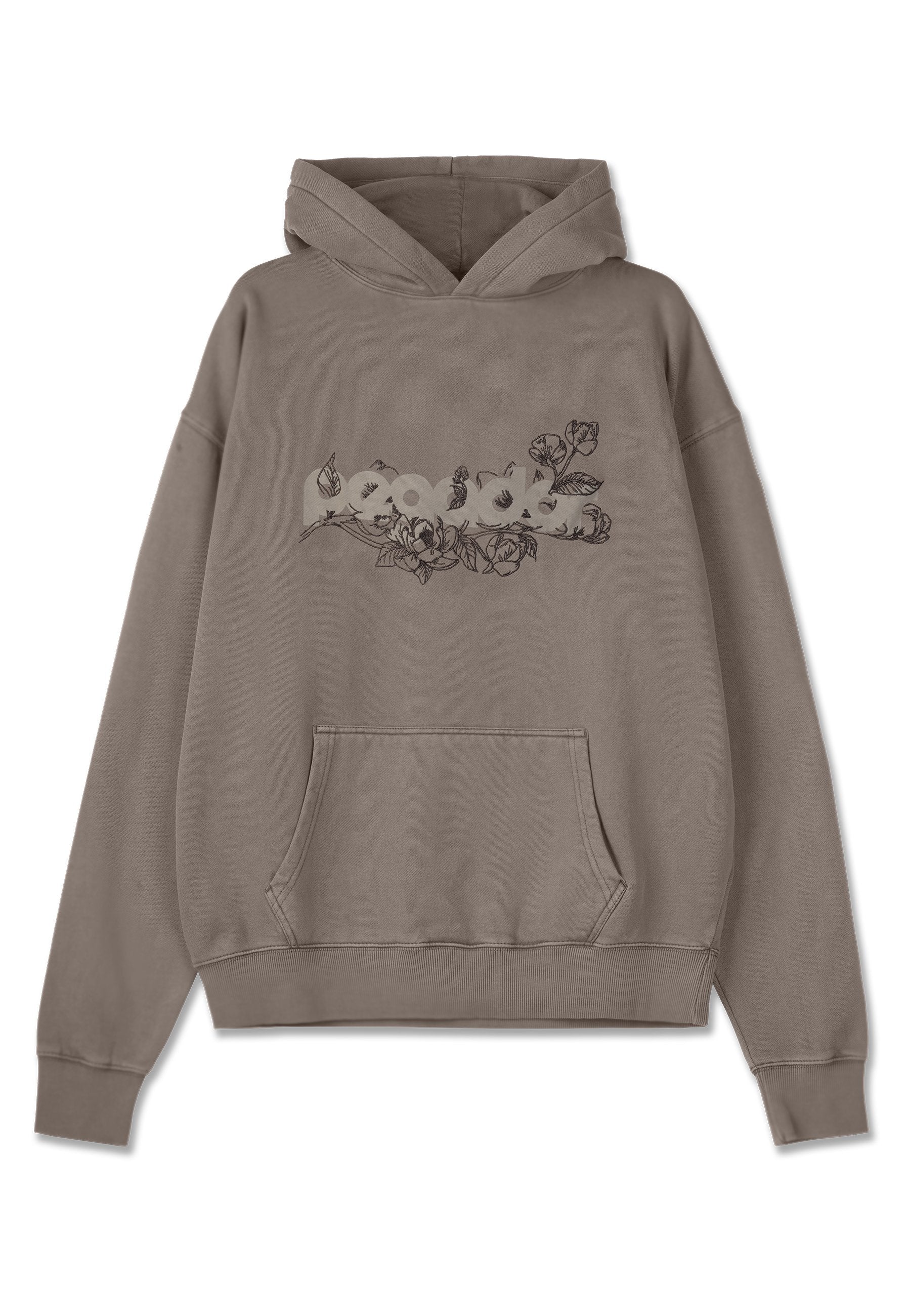 Brauner Hoodie mit einer Fronttasche, der ein florales Design und einen Textgrafik aufweist. Hergestellt aus weichem Stoff mit lockerem Schnitt und gerippten Bündchen.