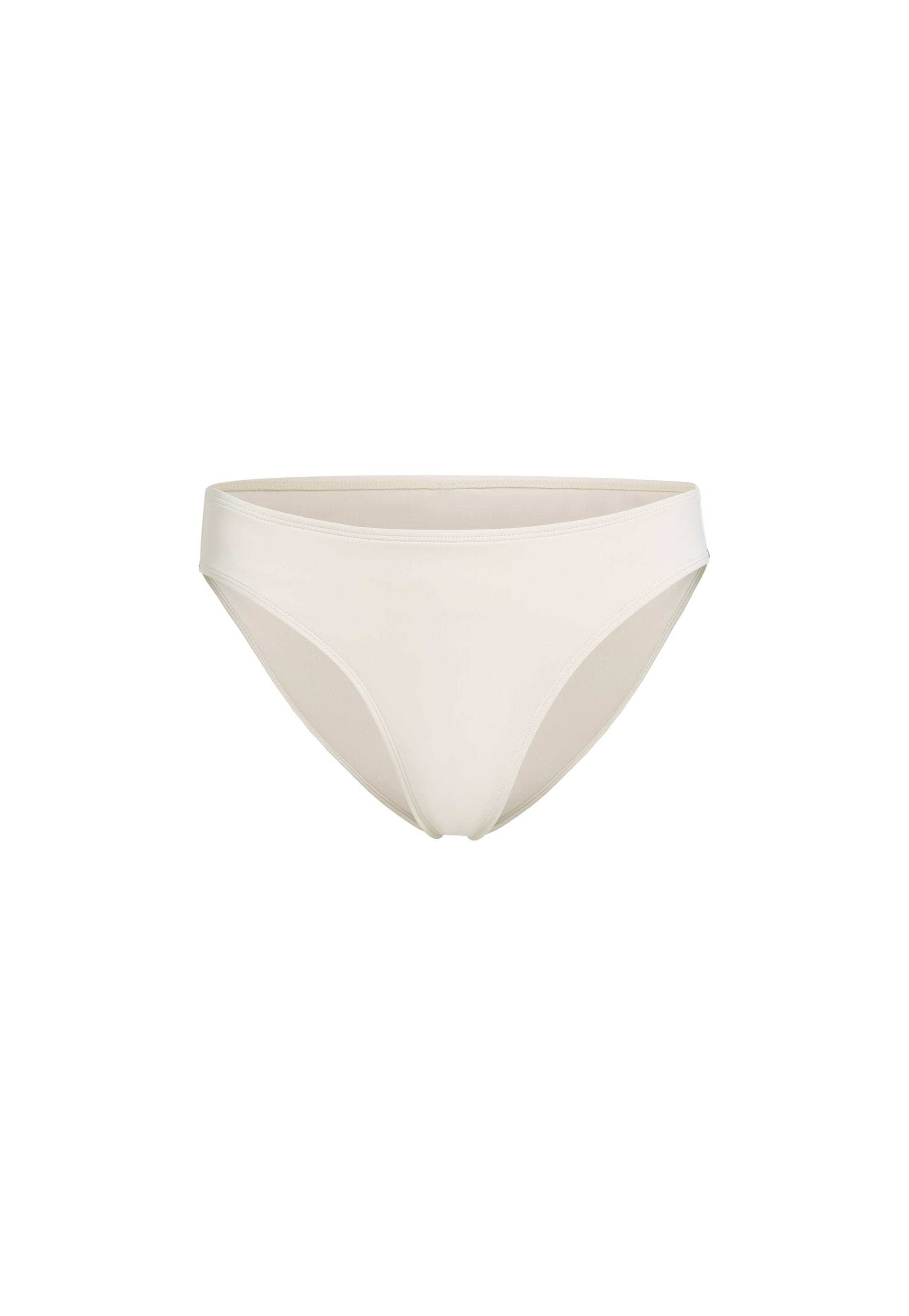Weiße nahtlose Bikini-Höschen mit niedrigem Schnitt, die eine glatte Textur und minimalistischen Stil präsentieren. Keine Muster oder Verzierungen.