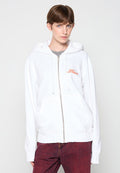 Weißer Zip-Hoodie mit Kordelzügen, der ein oranges "Diesel"-Logo auf der linken Brust und zwei vordere Taschen hat. Glattes Baumwollmaterial.