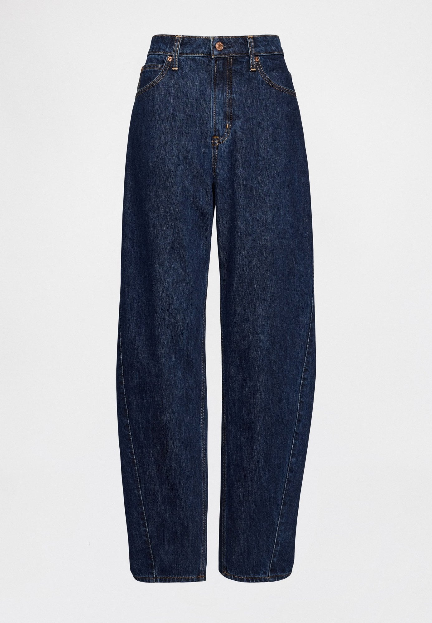 Dunkelblaue Jeans aus Denim mit hoher Taille, weitem Bein und oranger Naht. Verfügt über einen Knopfverschluss und ein Fünf-Taschen-Design.