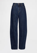 Dunkelblaue Jeans aus Denim mit hoher Taille, weitem Bein und oranger Naht. Verfügt über einen Knopfverschluss und ein Fünf-Taschen-Design.