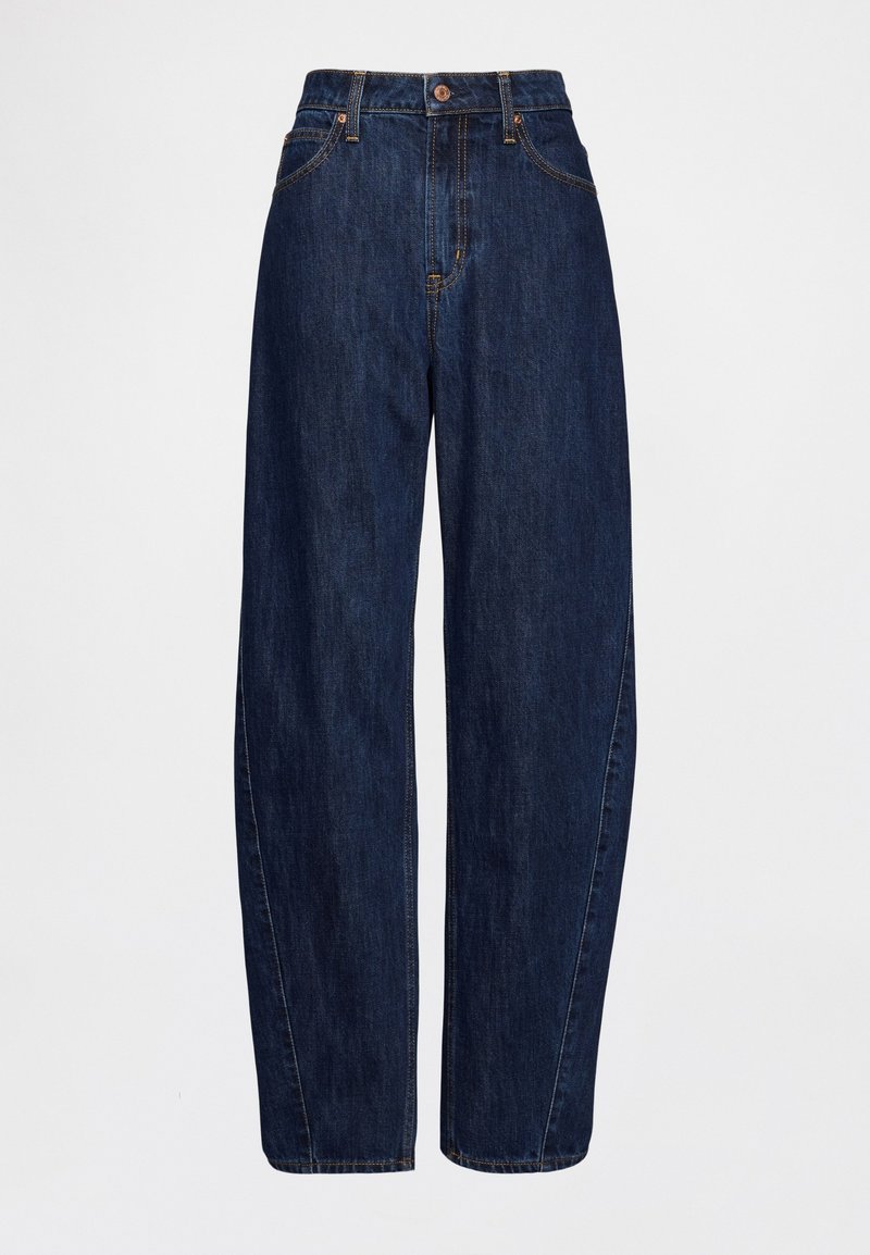 Dunkelblaue Jeans aus Denim mit hoher Taille, weitem Bein und oranger Naht. Verfügt über einen Knopfverschluss und ein Fünf-Taschen-Design.