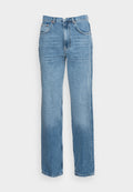 Hellblaue Jeans aus Denim mit geradem Bein, hohem Bund, frontalen Taschen und kontrastierenden Nähten. Verfügt über ein klassisches Fünf-Taschen-Design.