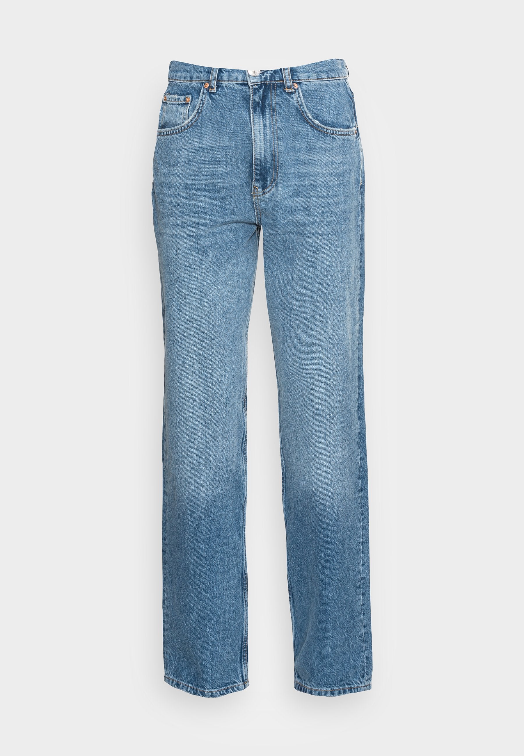 Hellblaue Jeans aus Denim mit geradem Bein, hohem Bund, frontalen Taschen und kontrastierenden Nähten. Verfügt über ein klassisches Fünf-Taschen-Design.