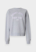 Grauer, taillierter Sweatshirt mit langen Ärmeln, mit lila gesticktem Text "TOMMY JEANS NEW YORK CITY" auf der Brust und gerippten Bündchen.