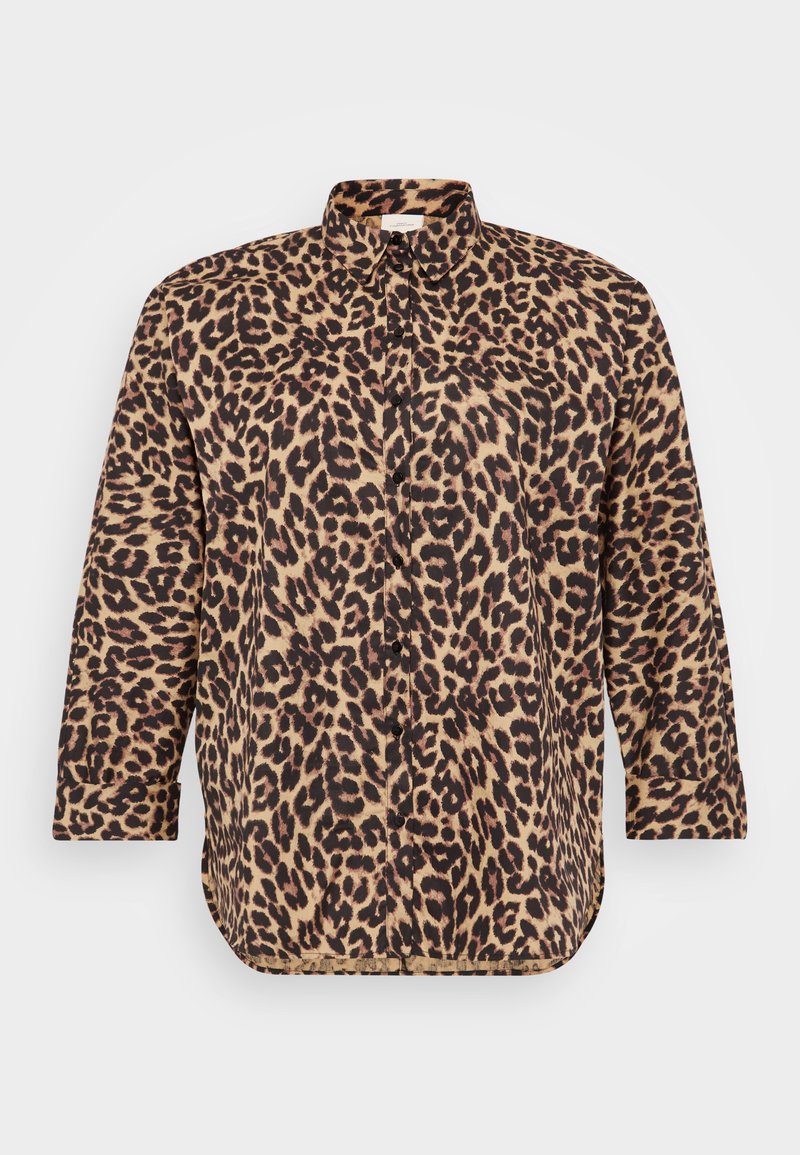 Leopardenmuster-Hemd in Beige und Schwarz, mit klassischem Kragen, langen Ärmeln und einer lockeren Passform sowie einem leicht abgerundeten Saum.