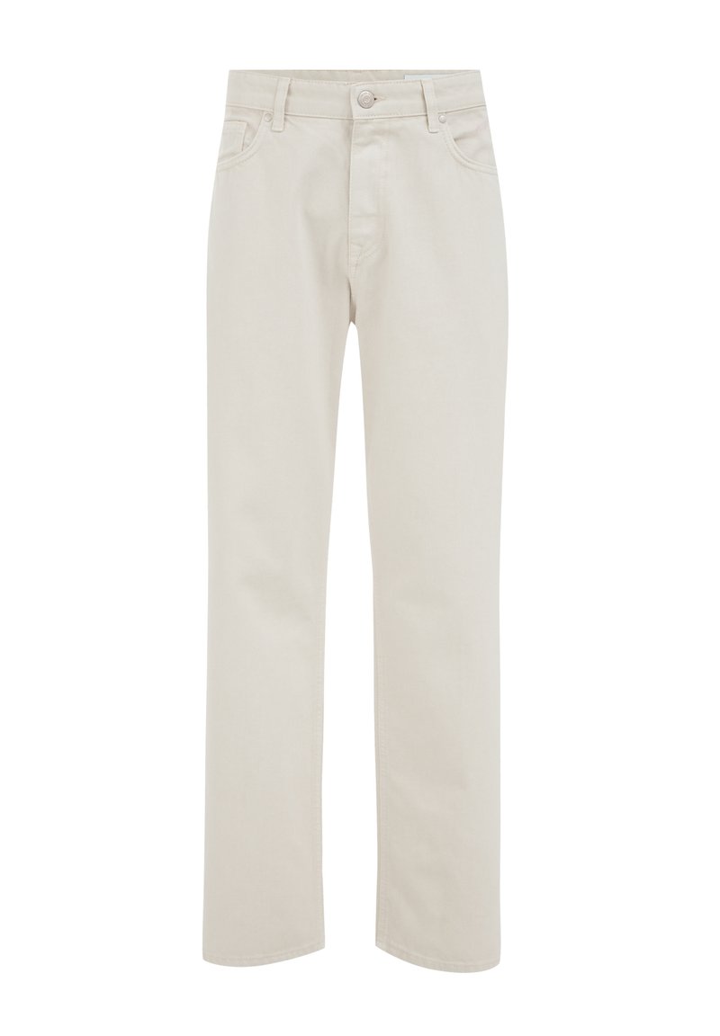 Beige Denim-Jeans mit geradem Bein, fünf Taschen, Knopfverschluss und glatter Textur. Keine sichtbaren Muster oder Verzierungen.