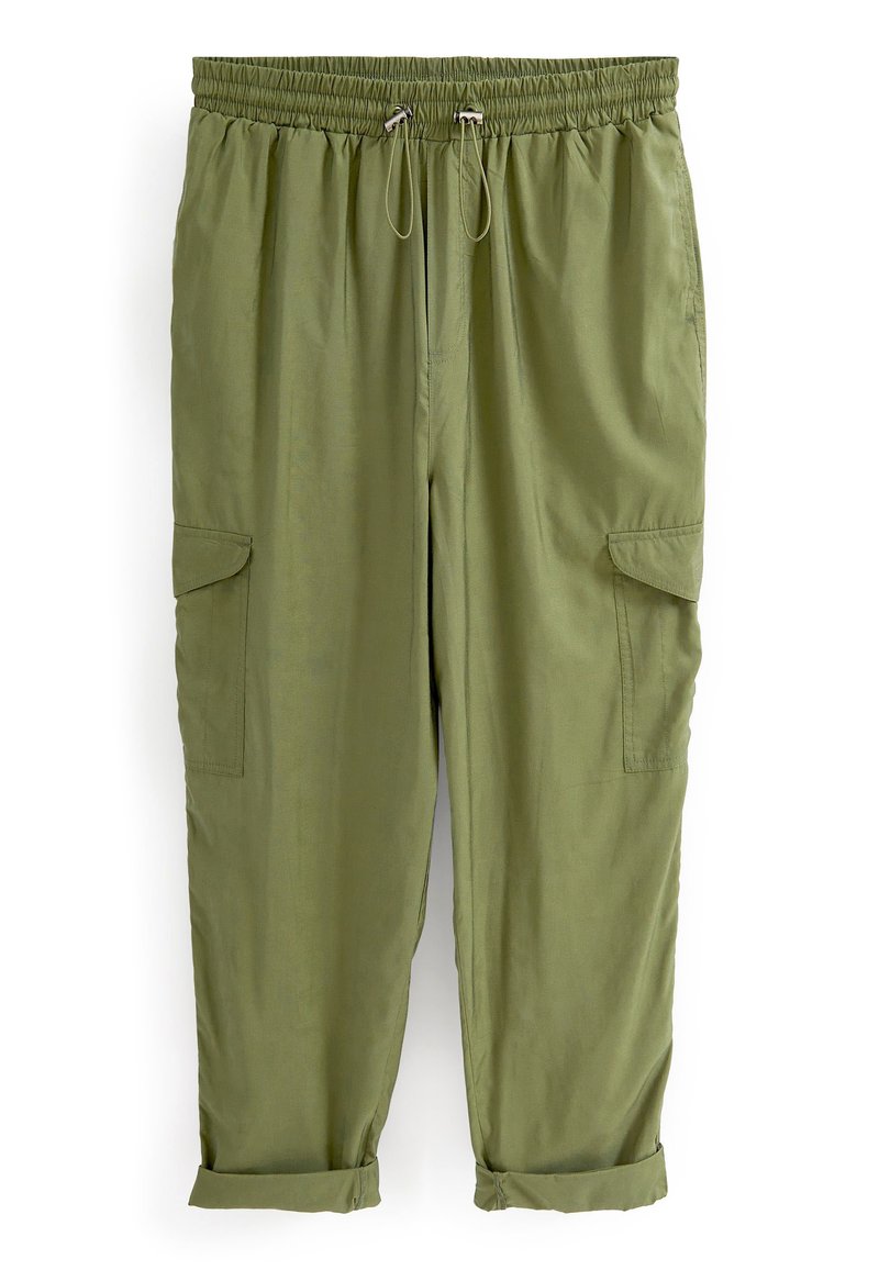 Olivgrüne Cargo-Hosen mit elastischem Bund, Kordelzug-Verschluss, seitlichen Klapptaschen und umgeschlagenen Säumen.