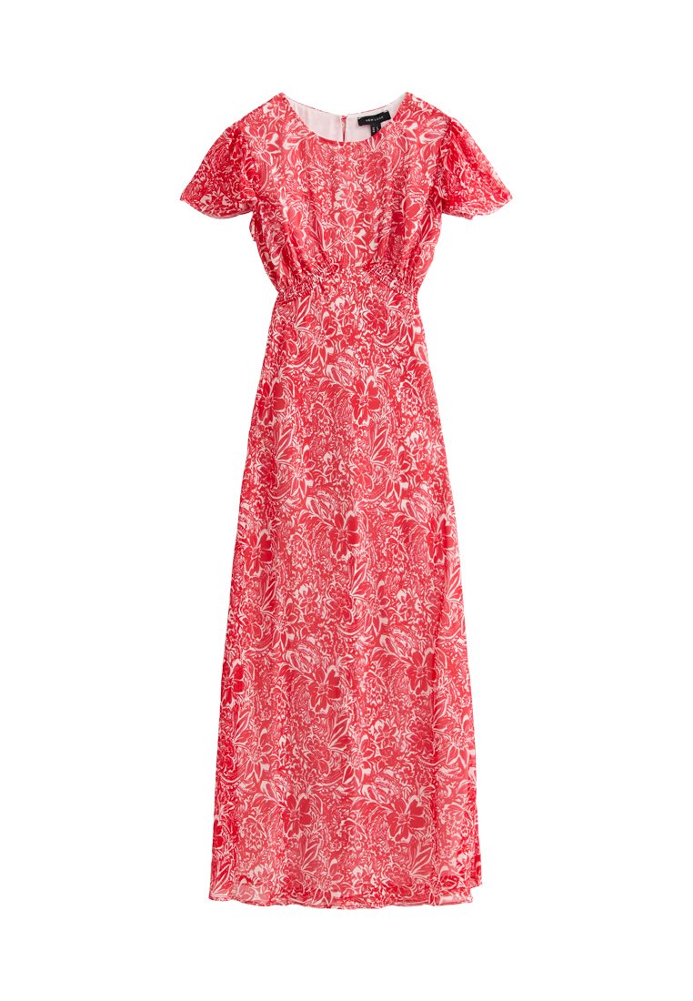 Rotes Maxikleid mit kurzen, schwingenden Ärmeln, elastischem Bund und leichtem Stoff, der mit filigranen weißen Blumenmustern verziert ist.