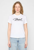 Weißes Baumwoll-T-Shirt mit kurzen Ärmeln, vorne mit schwarzem "Diesel"-Logo und Slogan bedruckt. Weiche Textur, legerer Schnitt.