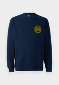 Dunkelblaues Sweatshirt mit Rundhalsausschnitt und gelbem "Tommy Jeans New York City" Logo auf der linken Brust sowie einer kleinen Flagge an der linken Manschette.