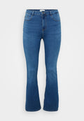 Jeans mit Weitbein-Design in Mittelblau, mit hoher Taille, Fronttaschen und einer glatten Textur mit minimalen Nahtdetails.