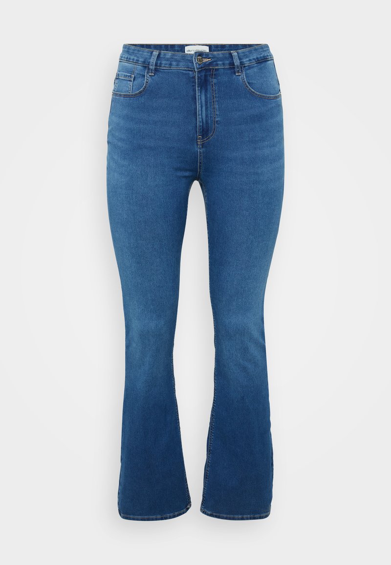 Jeans mit Weitbein-Design in Mittelblau, mit hoher Taille, Fronttaschen und einer glatten Textur mit minimalen Nahtdetails.