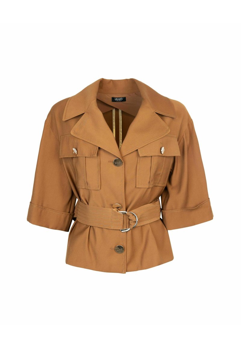 Braune Jacke mit Gürtel, strukturiertem Kragen, kurzen Ärmeln und zwei Vordertaschen. Verfügt über metallicfarbene Knopf- und Schlaufen-Details. Weicher Stoff.
