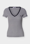 Schwarz-weiß gestreiftes Kurzarmshirt mit V-Ausschnitt und kleinem Logo auf der linken Brust.