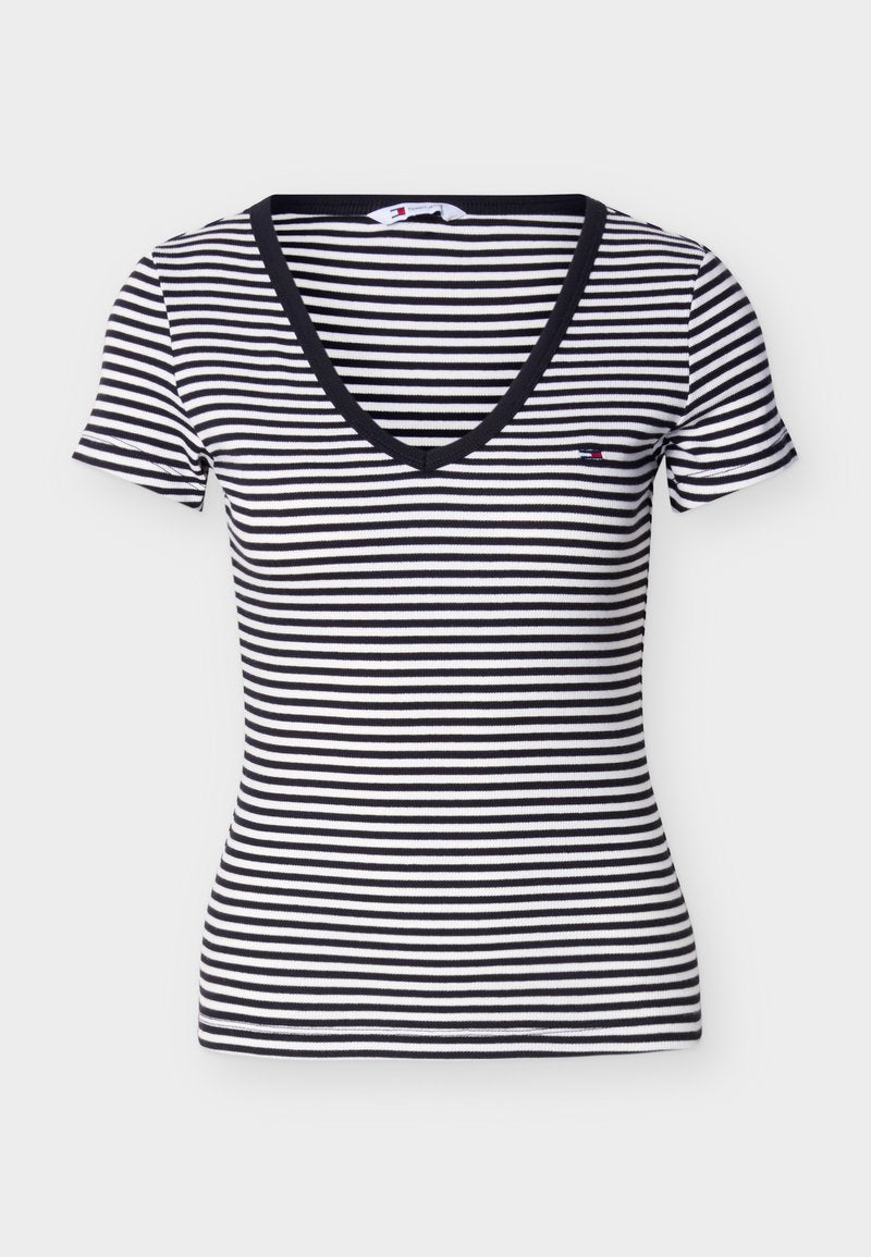 Schwarz-weiß gestreiftes Kurzarmshirt mit V-Ausschnitt und kleinem Logo auf der linken Brust.