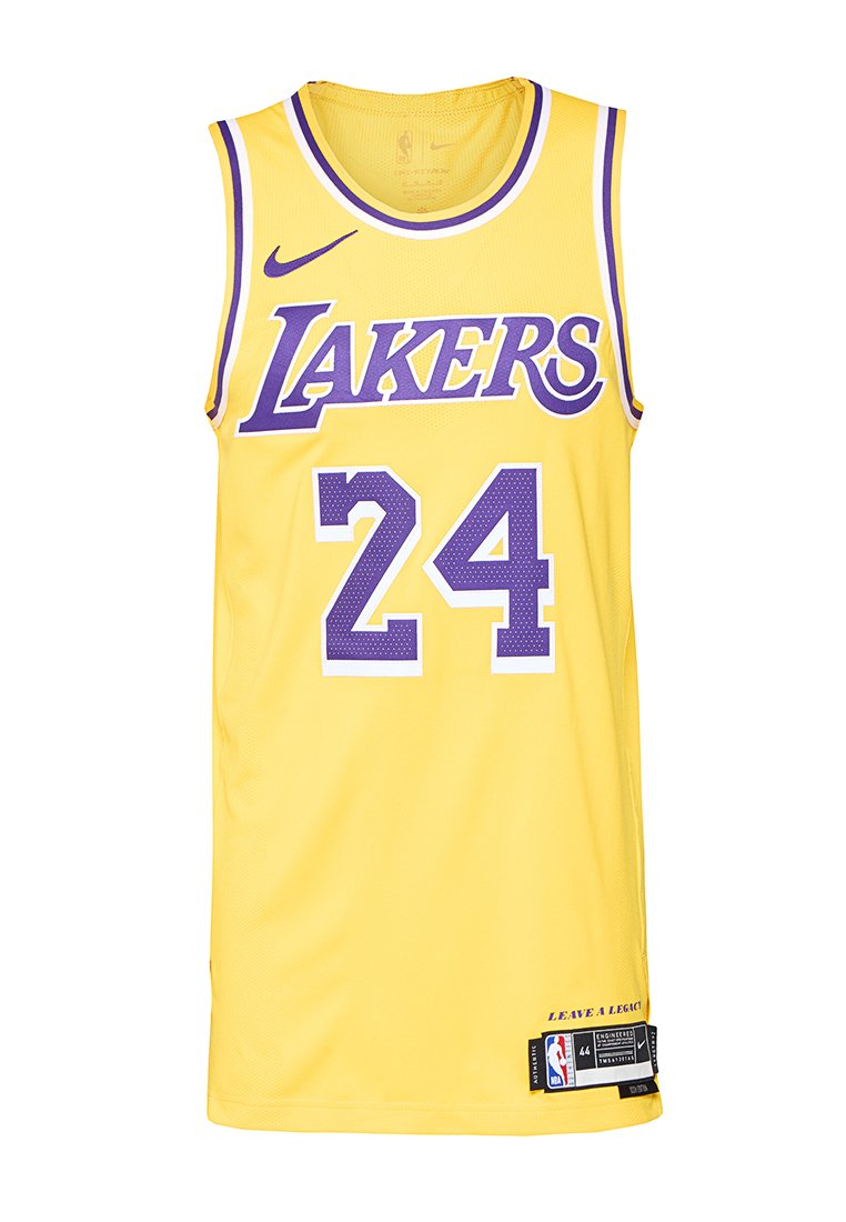 Gelbes Los Angeles Lakers Basketballtrikot mit lila Nummer 24 und Nike-Logo auf weißem Hintergrund.