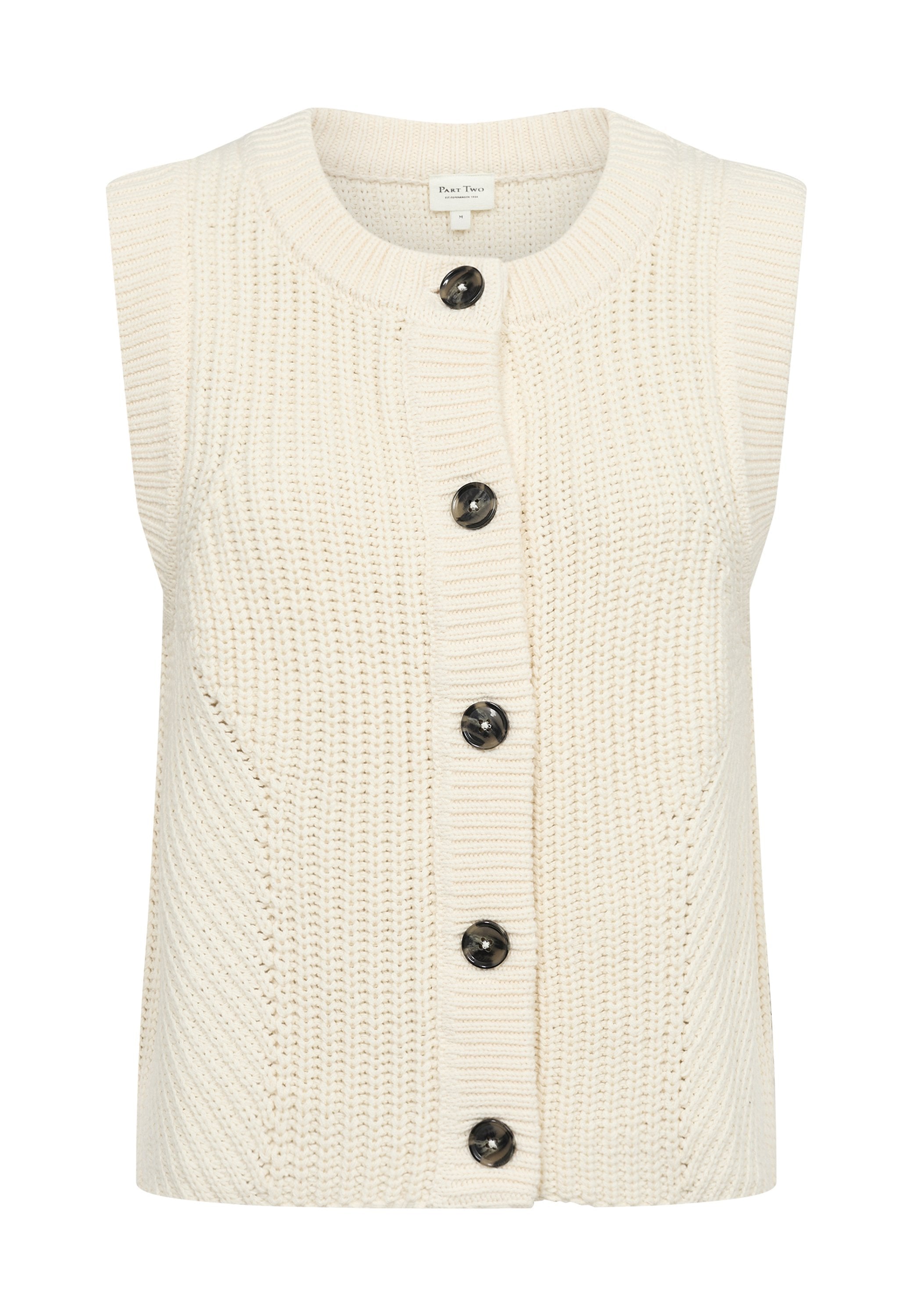 Strickärmellose Weste in Off-White, mit rundem Halsausschnitt, fünf schwarzen Knöpfen auf der Vorderseite und strukturierten Rippmustern.