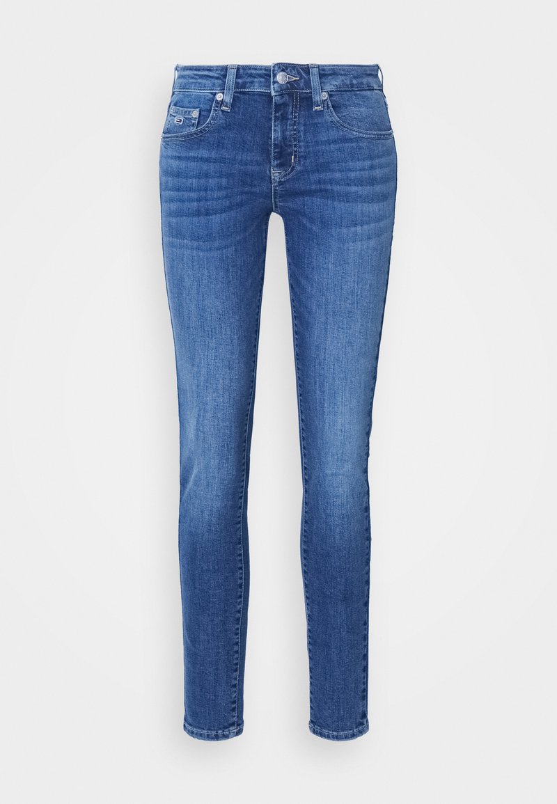 Schlanke Jeans aus mittlerem blauen Denim, mit fünf Taschen, einem Frontknopf und dezenten Verblassungen an den Oberschenkeln.