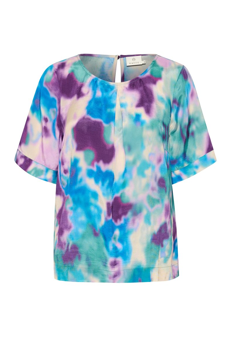 Kurzarmbluse mit Rundhals, abstraktem Batikmuster in Blau, Lila, Türkis und Creme, mit einem Knopfverschluss auf der Rückseite.