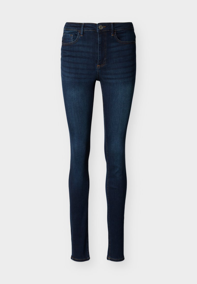 Dunkelblaue Skinny-Jeans mit Vorderknopf und Reißverschluss, Fünf-Taschen-Design und sichtbaren Nähten auf weißem Hintergrund.