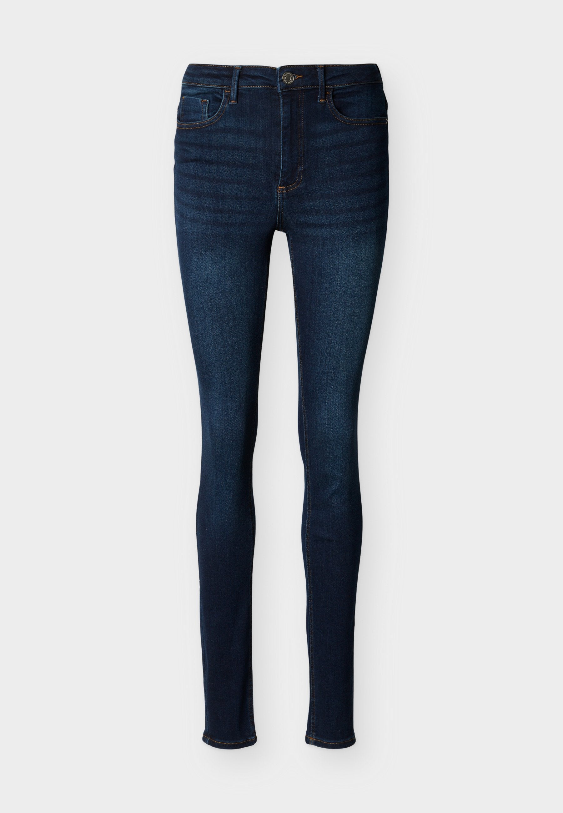 Dunkelblaue Skinny-Jeans mit Vorderknopf und Reißverschluss, Fünf-Taschen-Design und sichtbaren Nähten auf weißem Hintergrund.