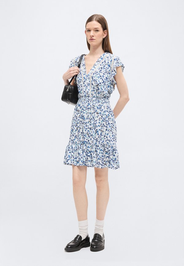 DKNY FLUTTER SLEEVE SMOCKED WAIST V NECK DRESS INSETS