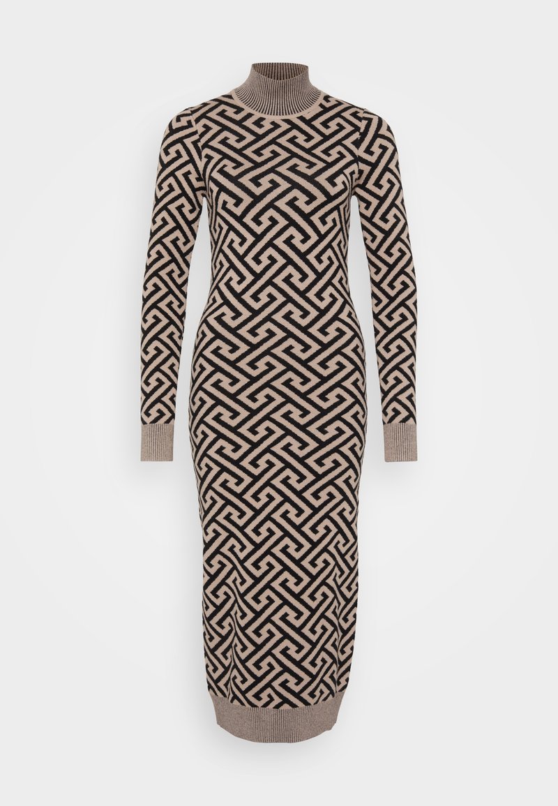 Langes, figurbetontes Kleid in einem beigen und schwarzen geometrischen Muster, mit einem gerippten Rollkragen und Bündchen, aus einem gestrickten, strukturierten Stoff gefertigt.