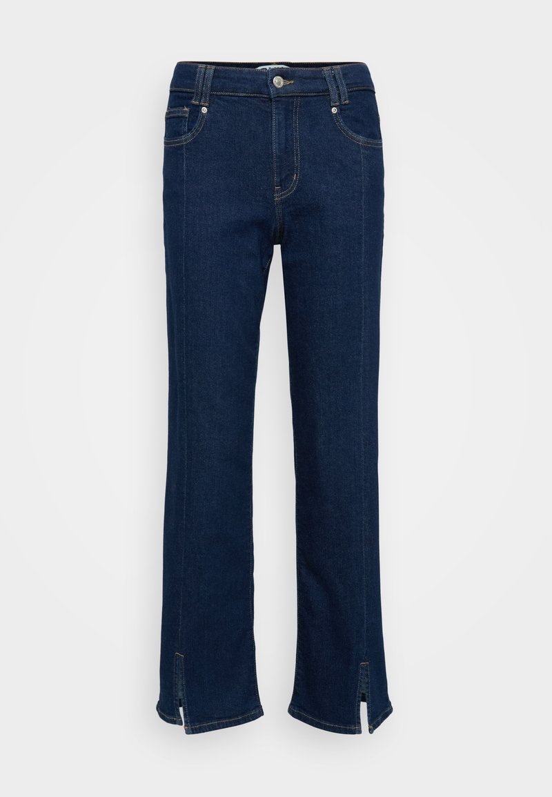 Dunkelblaue Jeans aus Denim mit geradem Bein, versehen mit subtilen Nähten und seitlichen Schlitzen am Saum für eine besondere Optik.