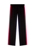 Schwarze Hose mit pinken und blauen Seitenstreifen, gerader Schnitt und glatte Textur. Dezente Faltenlegung vorne.