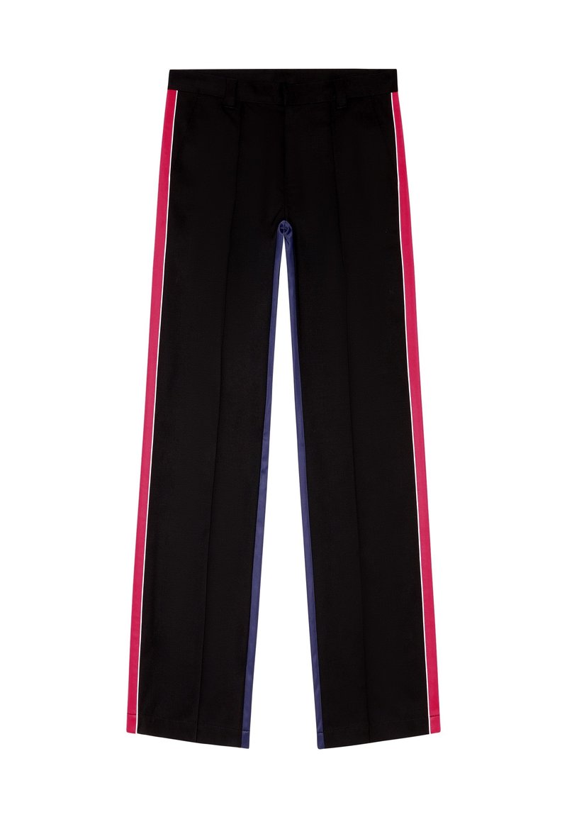 Schwarze Hose mit pinken und blauen Seitenstreifen, gerader Schnitt und glatte Textur. Dezente Faltenlegung vorne.