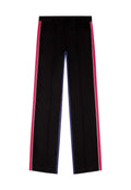 Schwarze Hose mit pinken und blauen Seitenstreifen, gerader Schnitt und glatte Textur. Dezente Faltenlegung vorne.