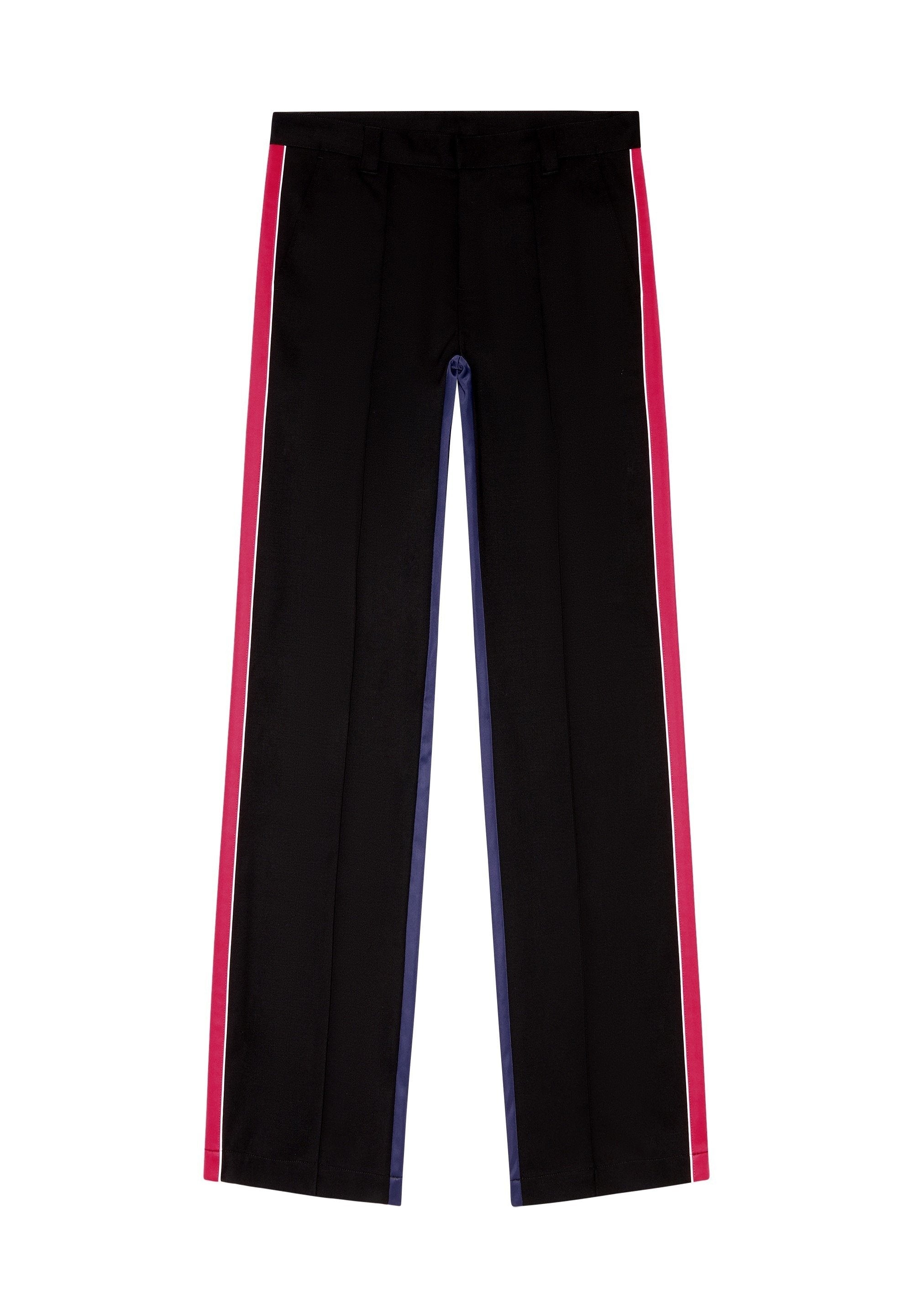 Schwarze Hose mit pinken und blauen Seitenstreifen, gerader Schnitt und glatte Textur. Dezente Faltenlegung vorne.