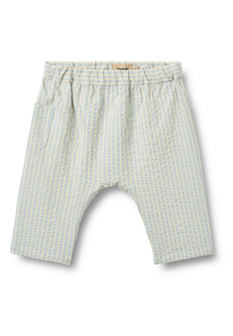 Hellblaue Baumwollhose mit vertikalen gelben Streifen, elastischem Bund, zwei Seitentaschen und lockerem Sitz. Strukturierter Stoff mit weicher Oberfläche.