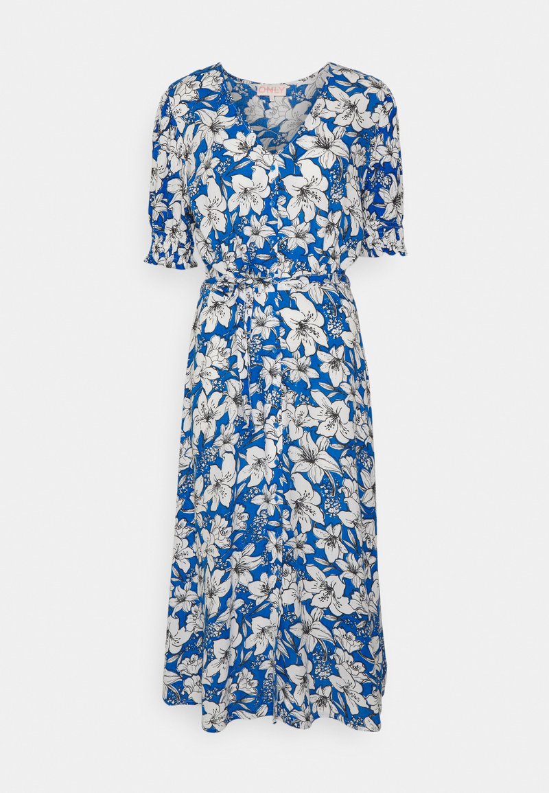 Florales Kleid mit blauem Hintergrund und weißen Blumen, kurzen Ärmeln, V-Ausschnitt, tailliertem Bund und einem fließenden, midilangen Rock.