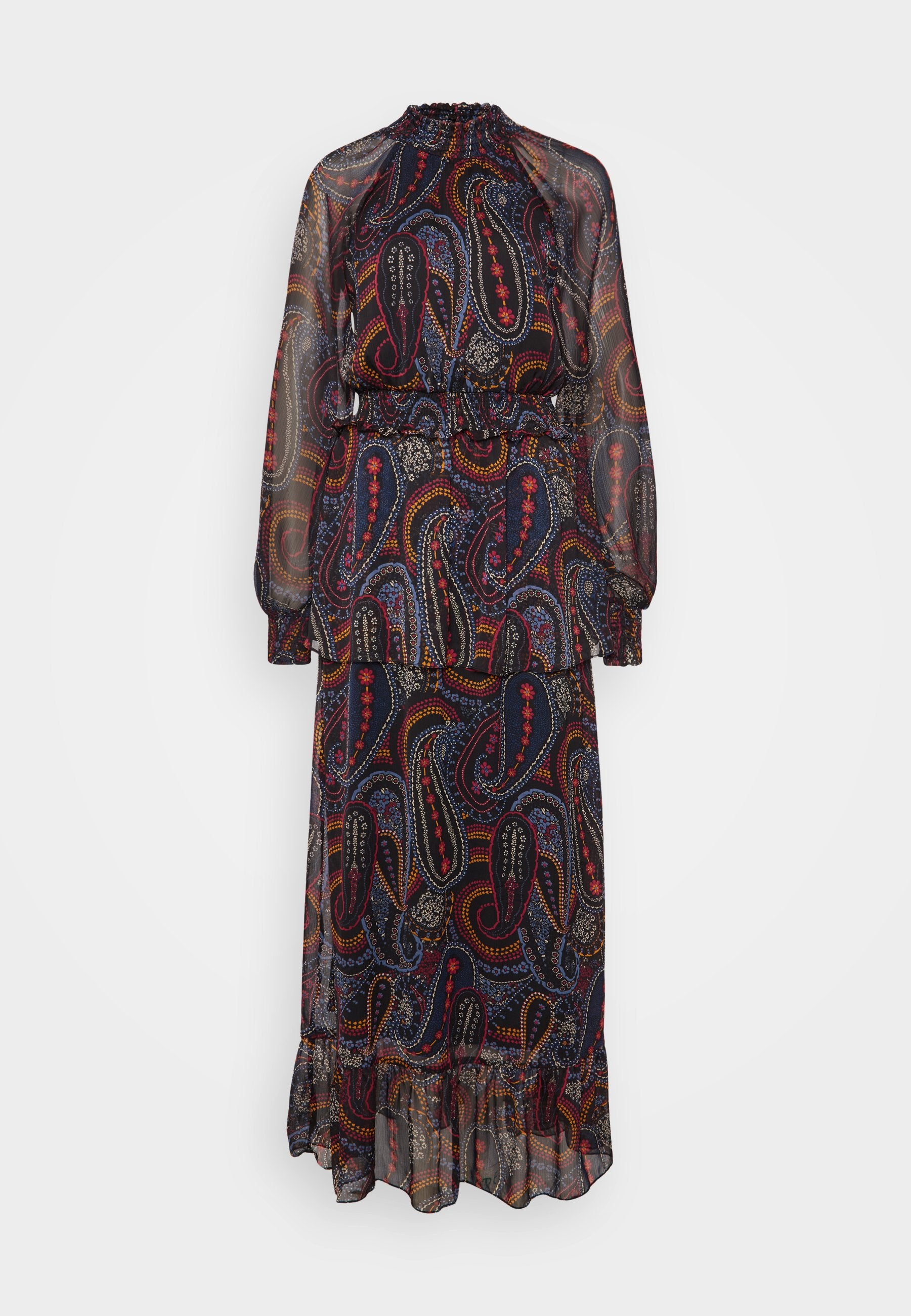 Maxikleid aus transparenter dunkelblauer Stoff mit einem Paisleymuster in Rot, Gelb und Blau, mit einem Rüschensaum und einem elastischen Taillenbund.