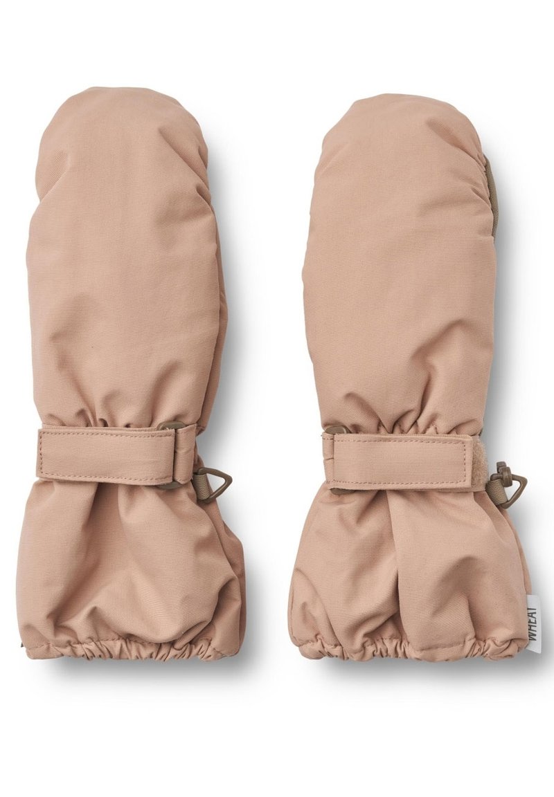 Ein Paar beige isolierte Handschuhe mit verstellbaren Handgelenkriemen und elastischen Bündchen, entworfen für kaltes Wetter.