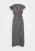 Schwarzes Maxi-Kleid aus leichtem Stoff mit kurzen, schwingenden Ärmeln, das mit bunten kleinen Blumen verziert ist und einen Taillengürtel für eine anpassbare Passform hat.