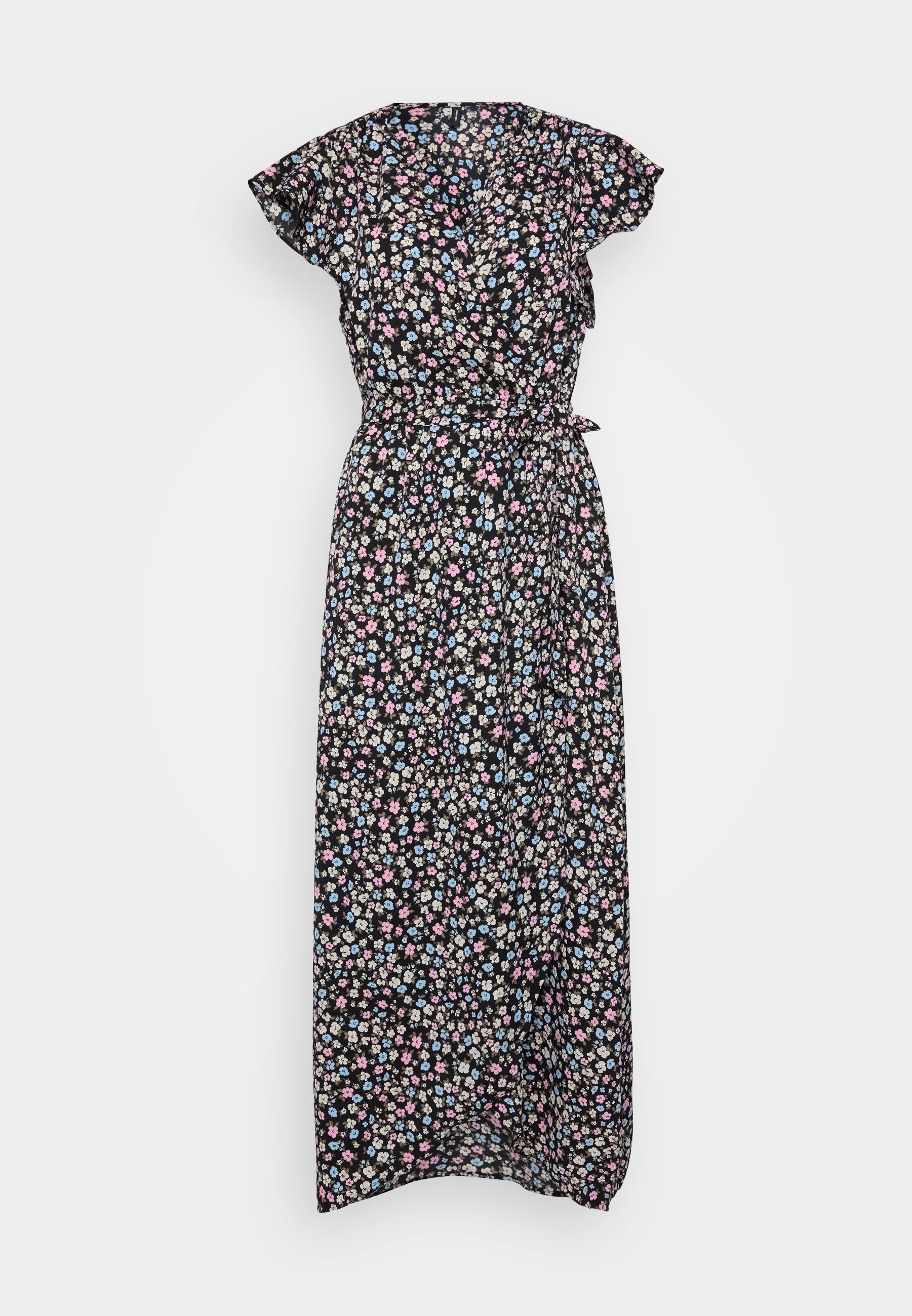 Schwarzes Maxi-Kleid aus leichtem Stoff mit kurzen, schwingenden Ärmeln, das mit bunten kleinen Blumen verziert ist und einen Taillengürtel für eine anpassbare Passform hat.