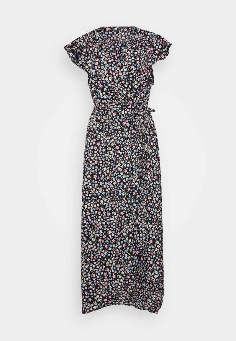 Schwarzes Maxi-Kleid aus leichtem Stoff mit kurzen, schwingenden Ärmeln, das mit bunten kleinen Blumen verziert ist und einen Taillengürtel für eine anpassbare Passform hat.