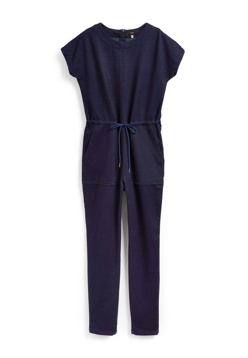 Navyblauer Overall aus weichem Material, mit kurzen Ärmeln, einem Reißverschluss, einem Kordelzug in der Taille und zwei vorderen Taschen.