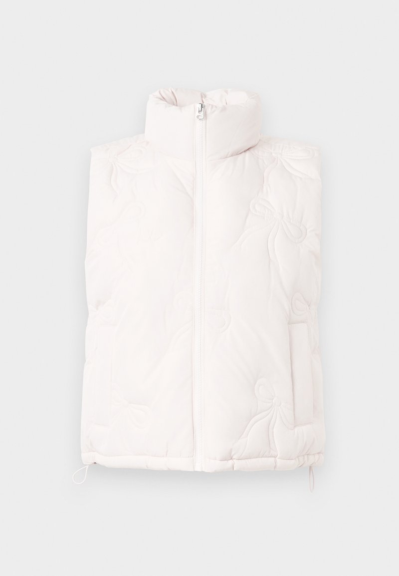 Helle rosa, gesteppte Pufferweste mit hohem Kragen, Frontreißverschluss und zwei seitlichen Taschen. Verfügt über ein dezentes, geprägtes Muster. Weiche Textur.