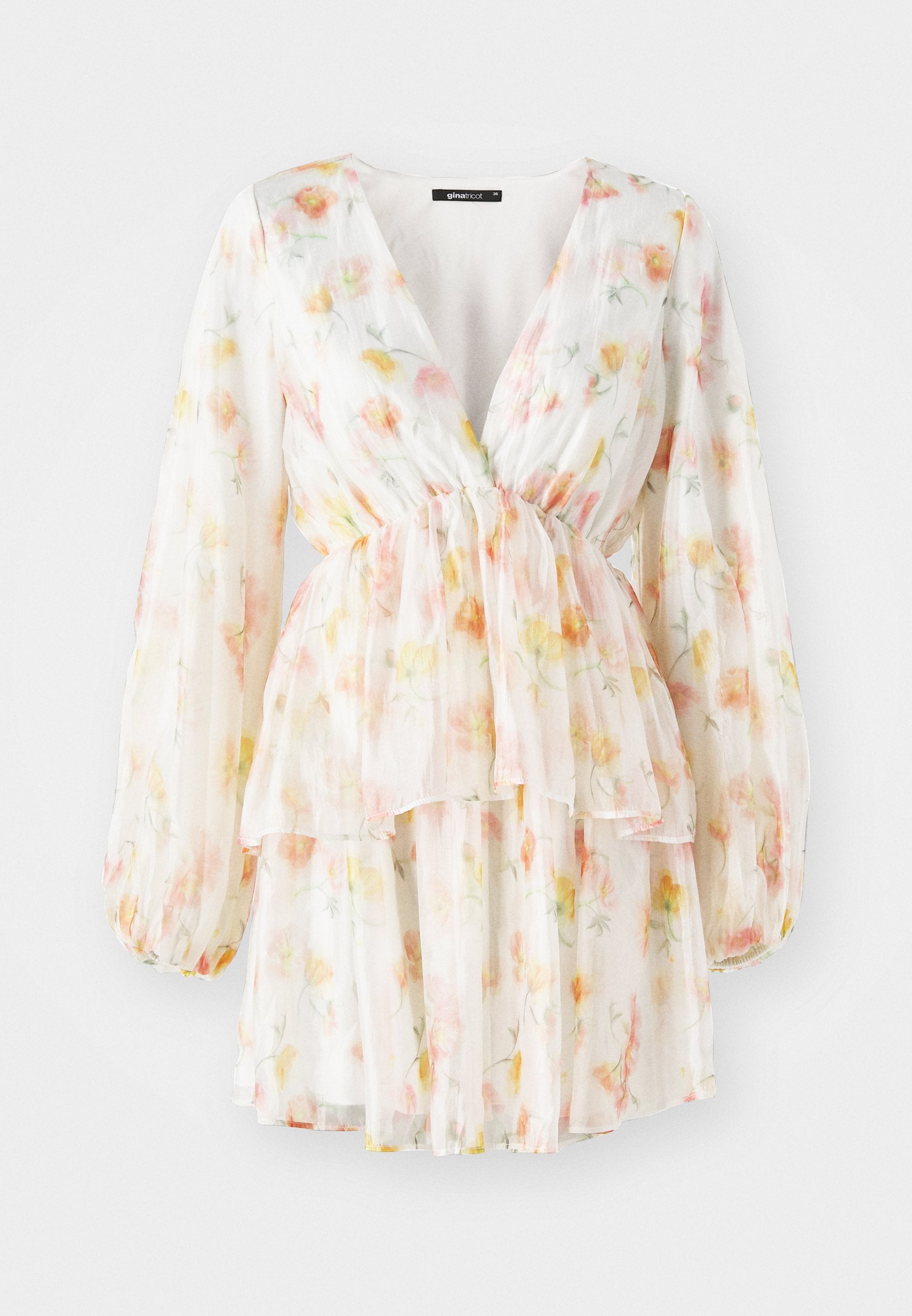 Blumenkleid aus durchscheinendem weißen Stoff, mit tiefem V-Ausschnitt, langen Puffärmeln, taillierter Taille, mehrlagigem Rock und pastellfarbenen Blumenmustern.