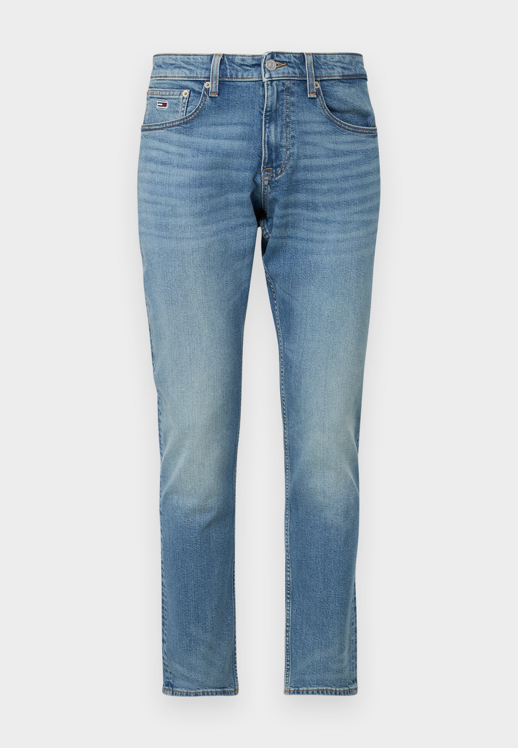 Hellblaue Jeans aus Denim mit geradem Schnitt. Verfügt über ein klassisches Fünf-Taschen-Design, regulären Taillenbund und dezente Verfärbungen im Stoff.
