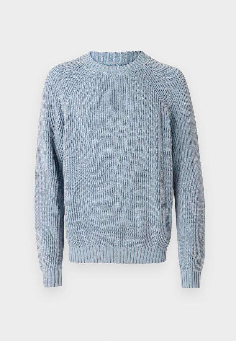 Hellblauer, gerippter Strickpullover mit Rundhalsausschnitt, Raglanärmeln und strukturiertem Finish. Verfügt über einen taillierten Saum und Bündchen.