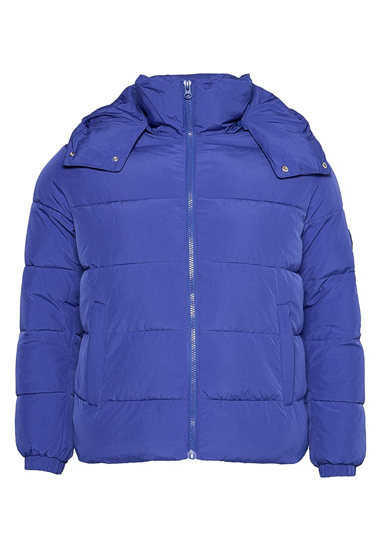 Blaues Puffer-Jacke mit Reißverschluss, strukturiertem Kapuze und genähtem Paneeldesign. Verfügt über Seitentaschen und elastische Bündchen für eine enge Passform.