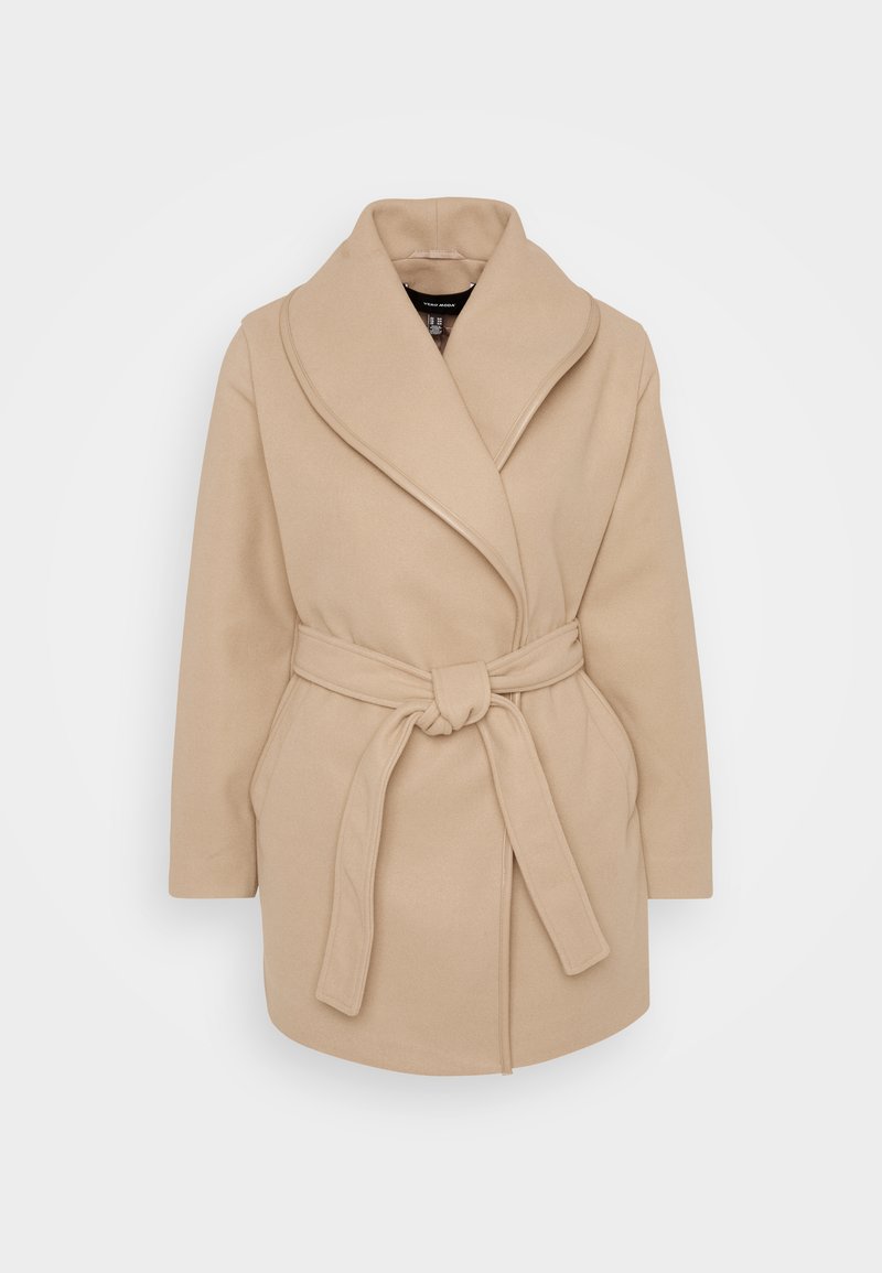 Beige Wollwickelmantel mit weitem Schal-Kragen, langen Ärmeln, frontalen Taschen und einem gebundenen Gürtel in der Taille.