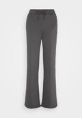 Graue Sweatpants aus weichem Stoff, mit einem Kordelzugbund, weit ausgestellten Beinen und ohne sichtbare Muster oder Hardware-Details.